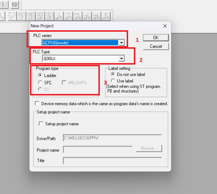 How to select Plc and program type in Mitsubishi Gx Developer